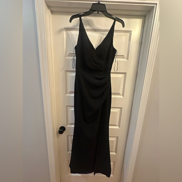 NWT Dress The Population Elegant Ruched Side Slit Maxi Cocktail Gown Black SML - Picture 8 of 9